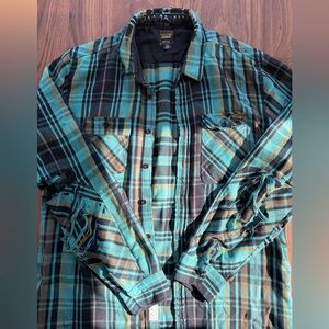 Volcom Workwear Distressed Teal and Black Plaid Flannel Shirt